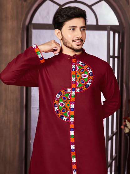 Navratri Special Men Kurta Set in Cotton Maroon