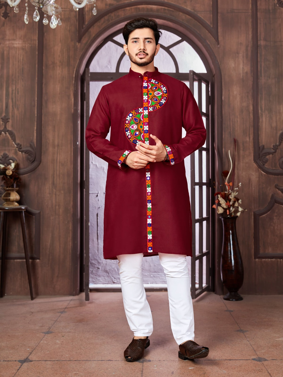 Navratri Special Men Kurta Set in Cotton Maroon