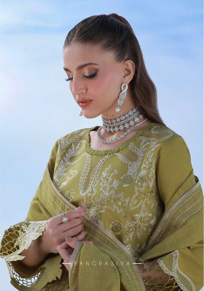 Premium Olive Green Embroidered Lawn Pakistani Suit with Organza Dupatta – Pre-Order Collection