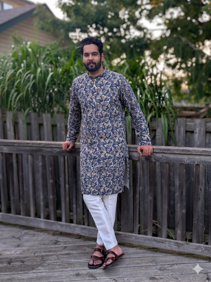 Blue color Flower Printed Kurta Pyjama set for Festive Season in Kitchener | Navratri Look | Pashchim Canada