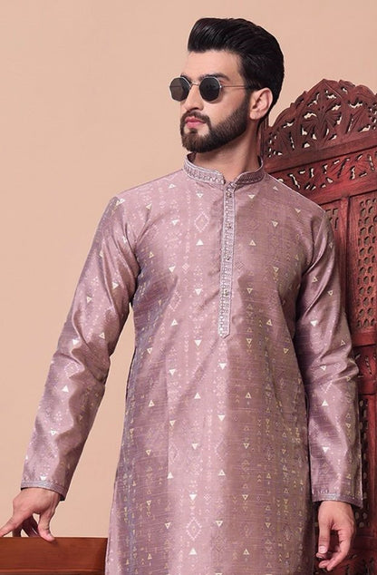 Premium Men Kurta Set in Silk Jacquard Pink