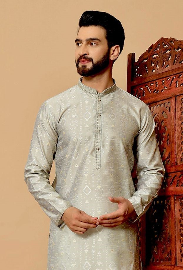 Premium Men Kurta Set in Silk Jacquard Gray