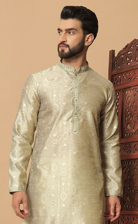 Premium Men Kurta Set in Silk Jacquard Green