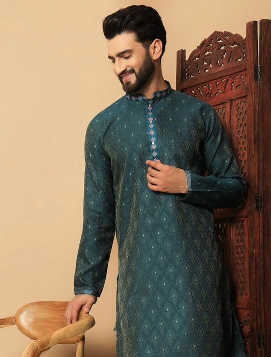 Luxury Men Kurta Pyjama Set in Silk Jacquard Green