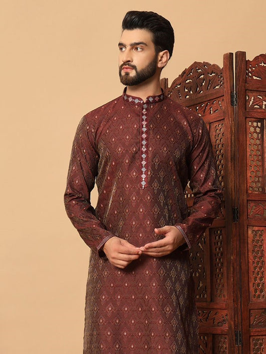 Luxury Men Kurta Pyjama Set in Silk Jacquard Brown