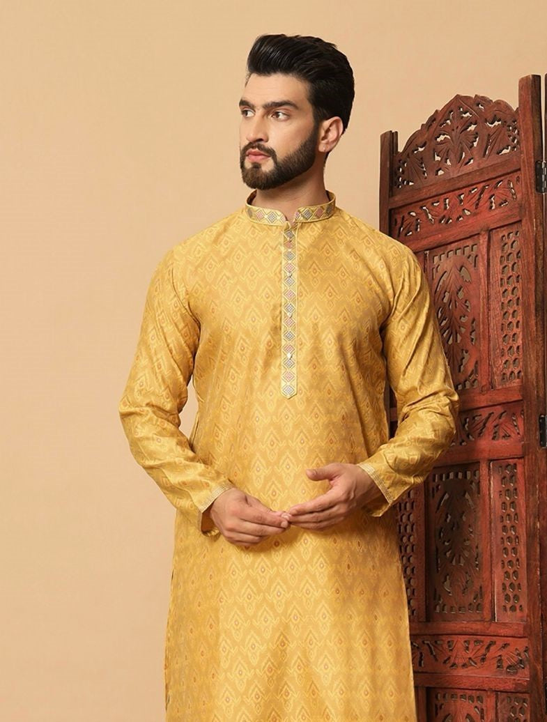 Luxury Men Kurta Pyjama Set in Silk Jacquard Yellow