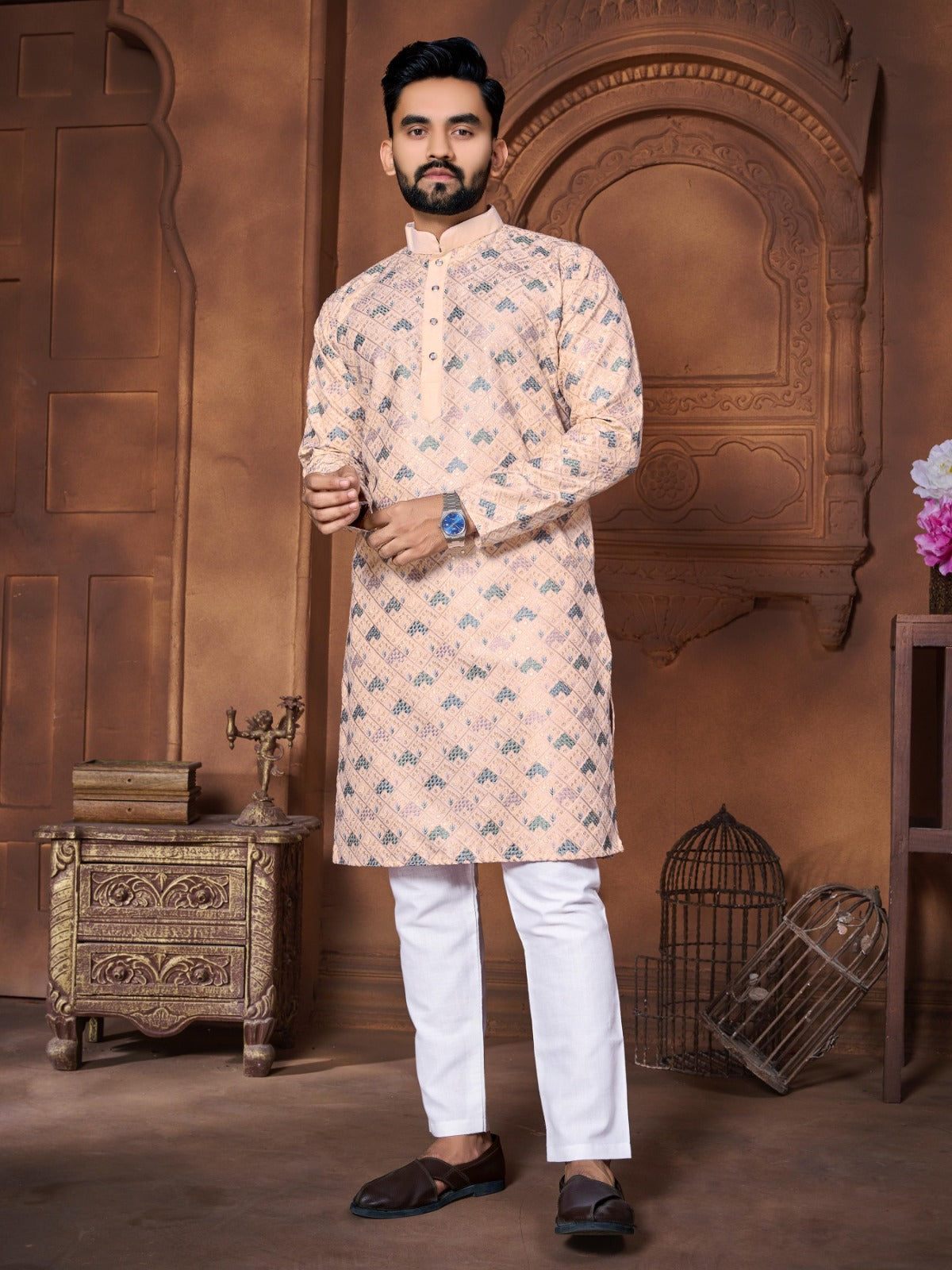 Designer Embroidery Men Kurta Pyjama Set in Italian Silk Peach