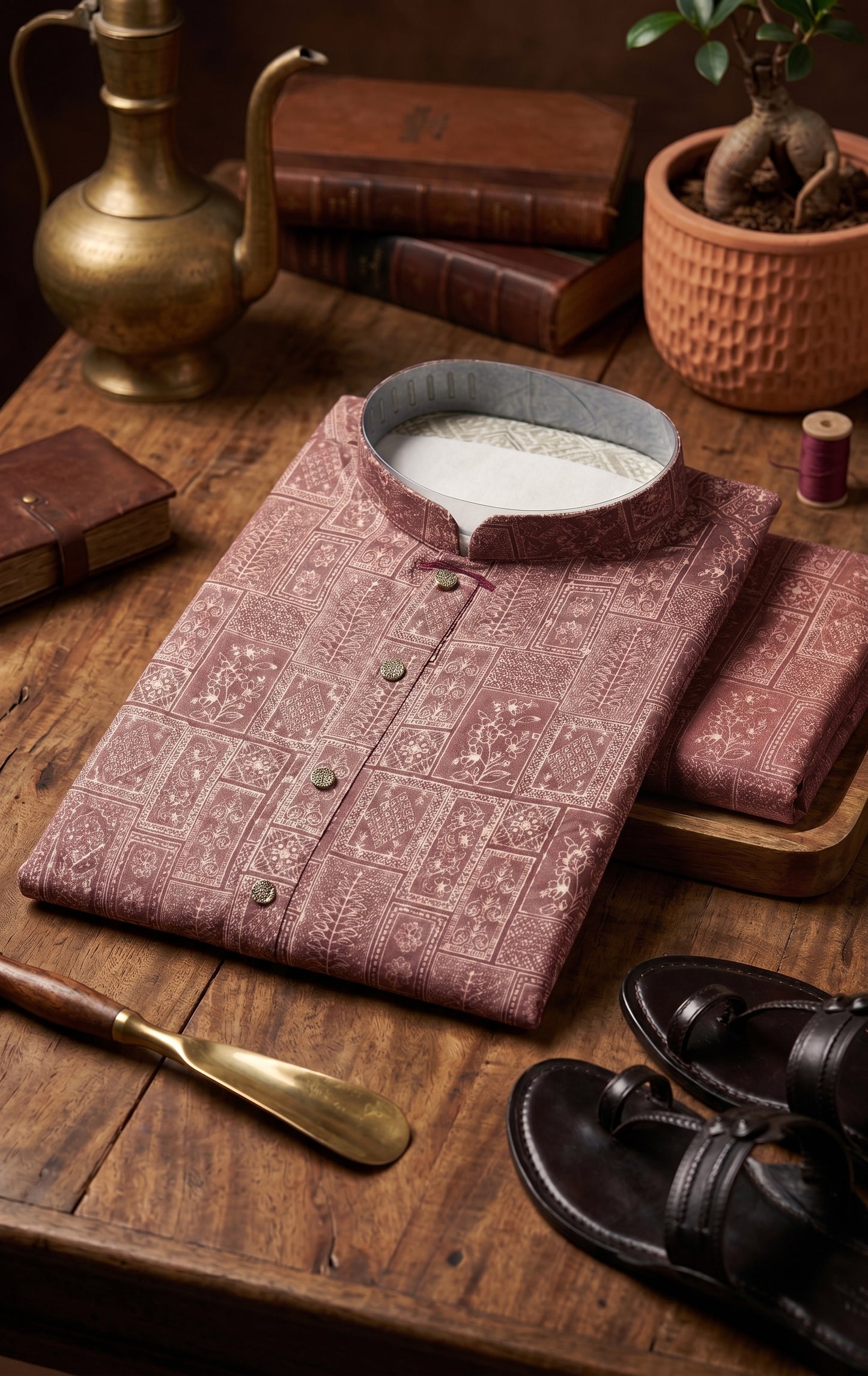 Men's Dusty Rose Ethnic Block Print Kurta with Trouser Pant