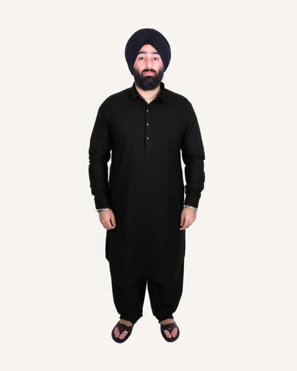 Shirt Collar Kurta Pyjama Set in Black for Vaisakhi Baisakhi Lohri Season
