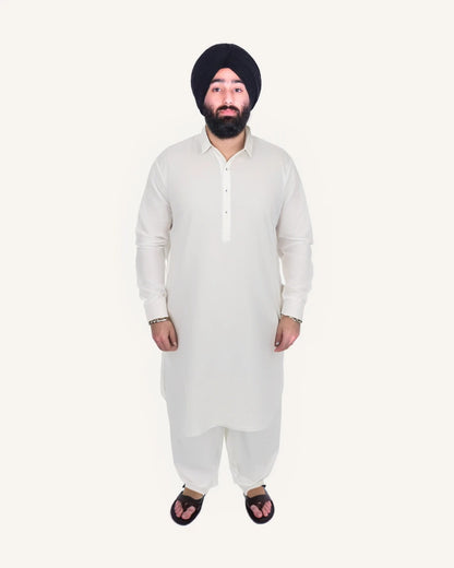 Shirt Collar Kurta Pyjama Set in White for Vaisakhi Baisakhi Lohri Season