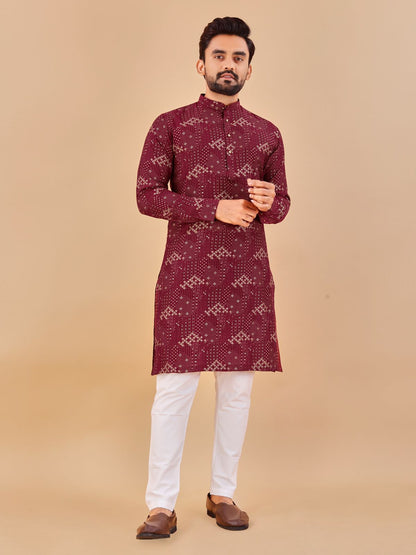 Multicolour Foil Print Long Men Kurta Pajama in Cotton Maroon