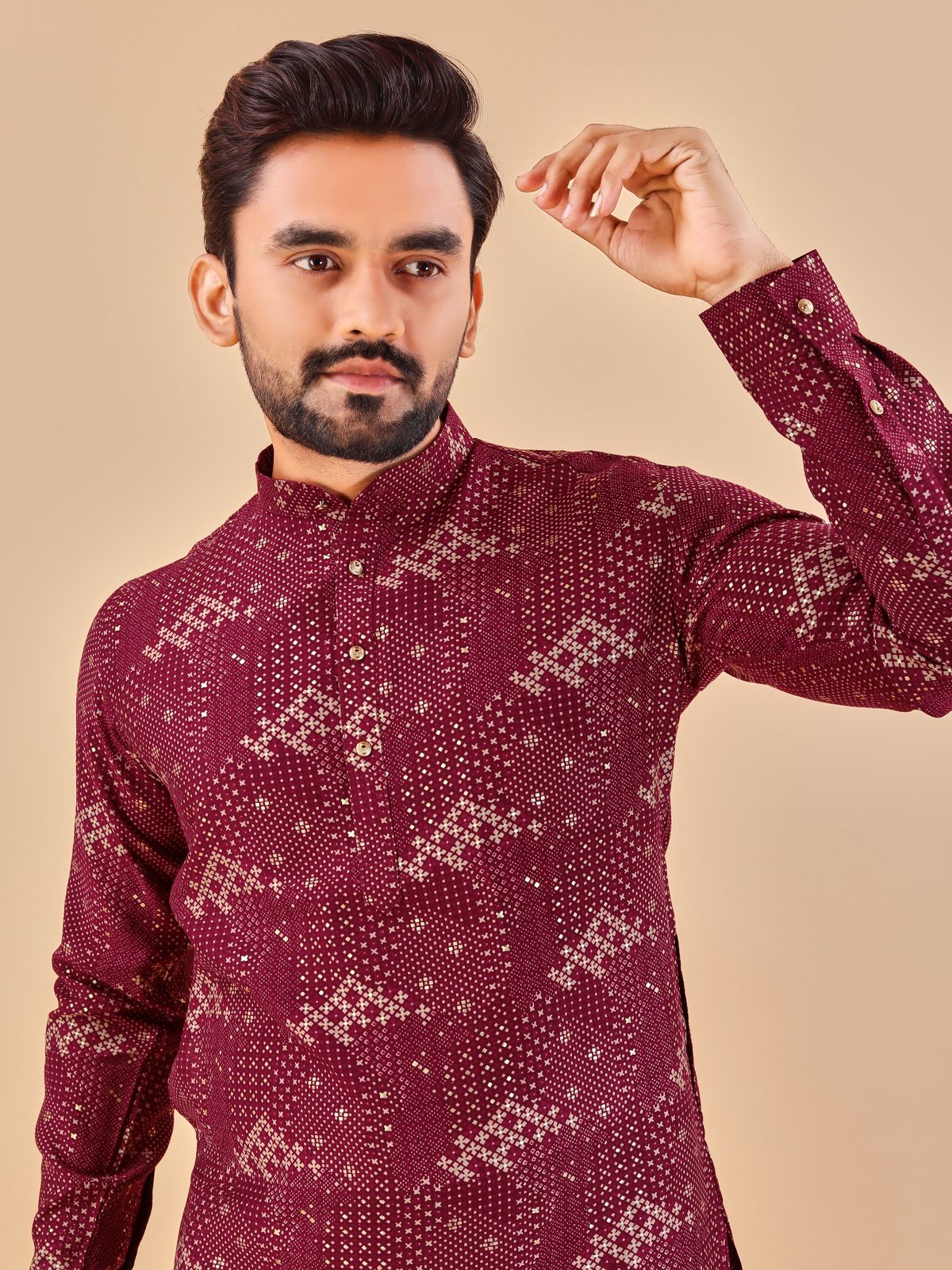 Multicolour Foil Print Long Men Kurta Pajama in Cotton Maroon