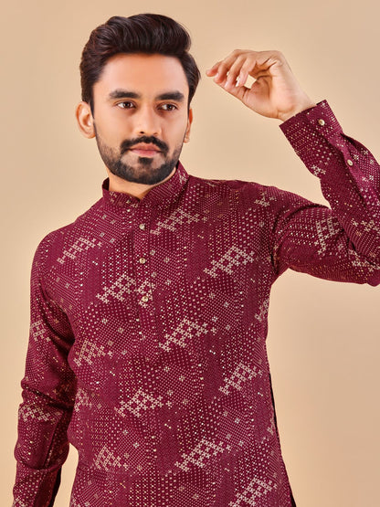 Multicolour Foil Print Long Men Kurta Pajama in Cotton Maroon