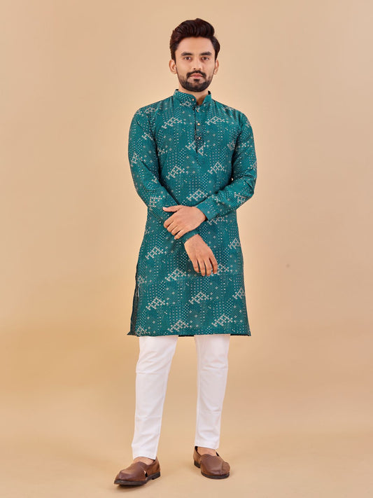 Multicolour Foil Print Men Long Kurta Pajama in Cotton (Kitchener)