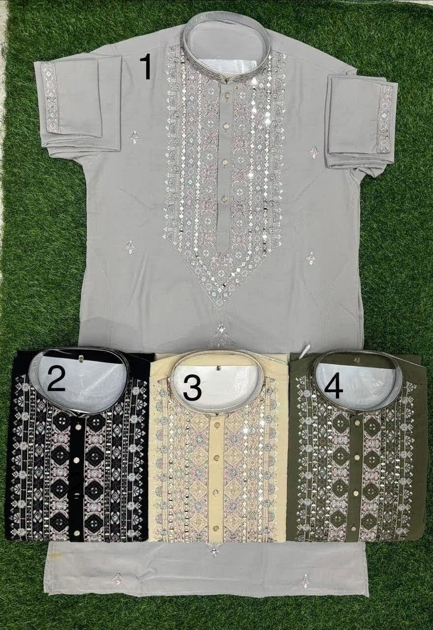 Black Men's Kurta Pajama Set with tonal embroidery across the front placket, collar, cuffs Pashchim Canada US for Eid Diwali Wedding Party Sagan Mehndi