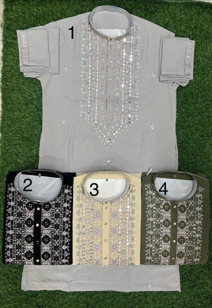 Black Men's Kurta Pajama Set with tonal embroidery across the front placket, collar, cuffs Pashchim Canada US for Eid Diwali Wedding Party Sagan Mehndi
