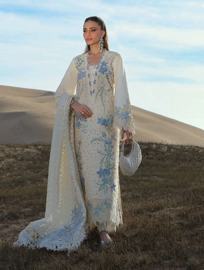 Premium Cream with Blue Embroidered Lawn Pakistani Suit with Organza Dupatta – Pre-Order Collection
