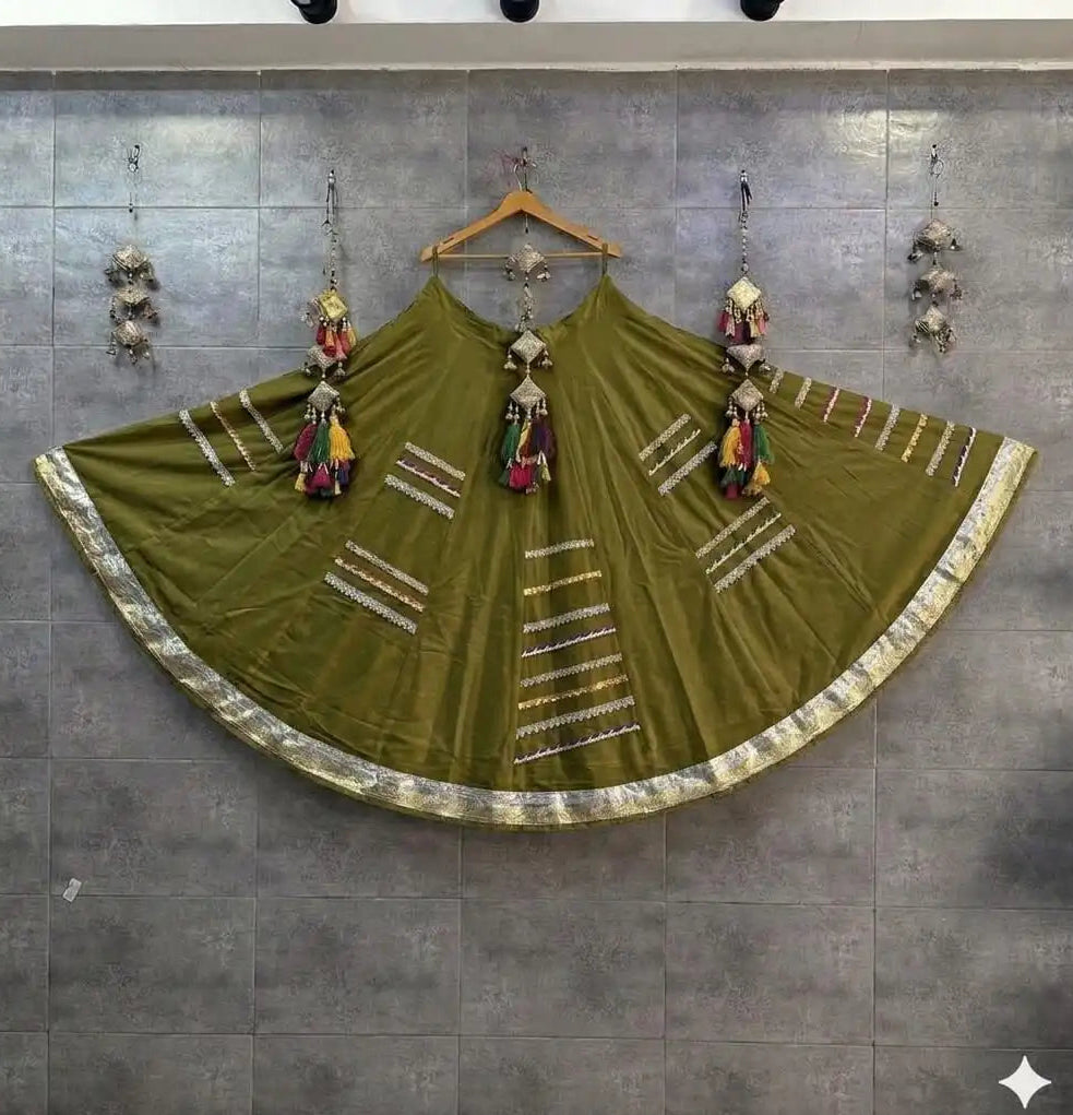 Pure Rayon Cotton Silk Olive Green Chaniya Choli – 6-Meter Navratri Garba Lehenga | Toronto, Kitchener & Canada