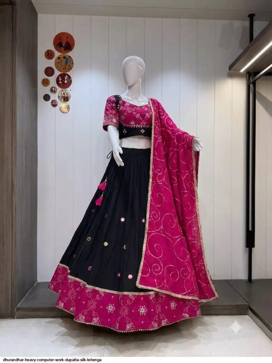 Dhurandhar 8-Meter Flare Roman Cotton Kali Pattern Chaniya Choli with Heavy Vintage Silk Dupatta I Pashchim Canada