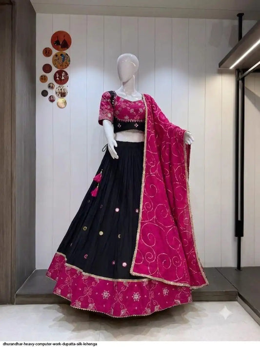 Dhurandhar 8-Meter Flare Roman Cotton Kali Pattern Chaniya Choli with Heavy Vintage Silk Dupatta I Pashchim Canada