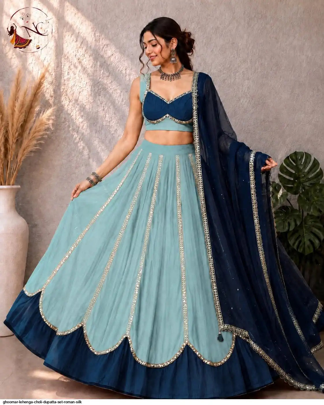 Ghoomar Sky Blue & Navy Blue 6M Flare Roman Silk Chaniya Choli – Navratri Garba Lehenga Canada