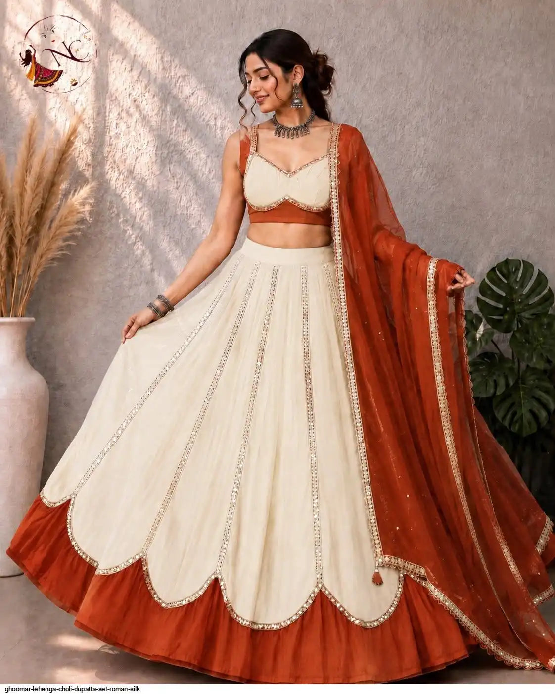Cream & Rust Ghoomar 6-Meter Flare Roman Silk Chaniya Choli with Foil Mirror Blouse – Navratri Garba Lehenga Canada