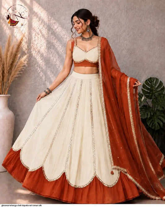 Cream & Rust Ghoomar 6-Meter Flare Roman Silk Chaniya Choli with Foil Mirror Blouse – Navratri Garba Lehenga Canada