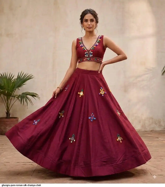 Pure Roman Silk Chaniya Choli with Heavy Mirror Work – 6-Meter Navratri Garba Lehenga | PashchimCanada
