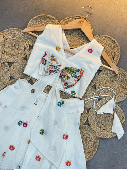 Girls Off-White Soft Kora Cotton Embroidered Elephant Motif Lehenga Choli Set in Canada