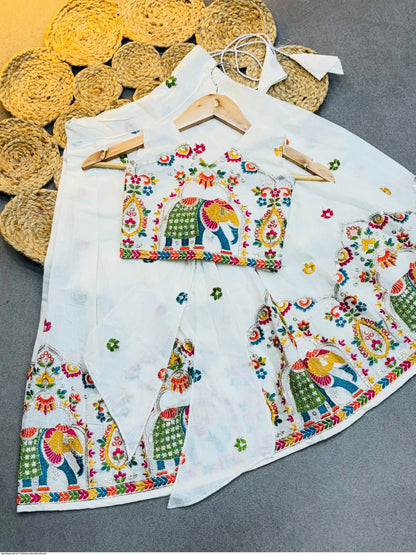 Girls Off-White Soft Kora Cotton Embroidered Elephant Motif Lehenga Choli Set in Canada