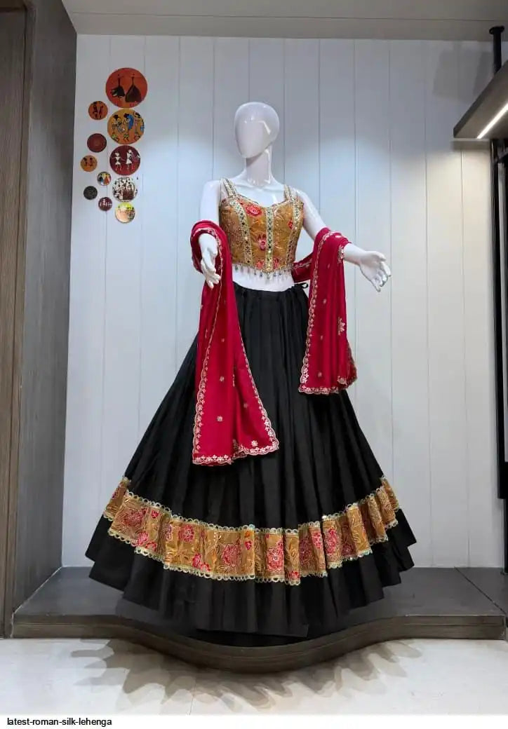Roman Silk 8-Meter Chaniya Choli with Spaghetti Blouse – Navratri Garba Lehenga | Toronto, Calgary & Canada