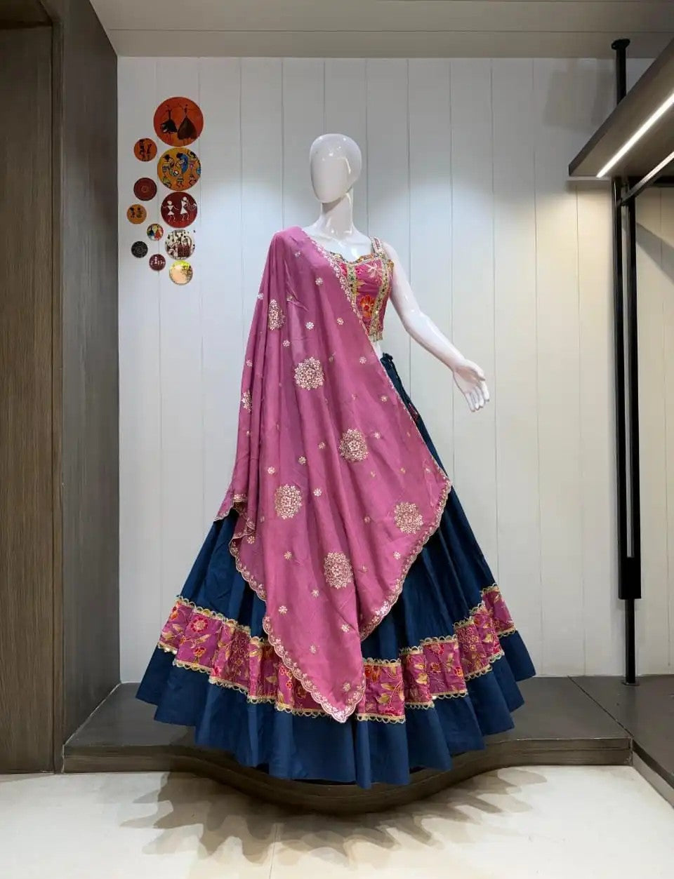 Roman Silk 8-Meter Blue Chaniya Choli with Spaghetti Blouse – Navratri Garba Lehenga | Toronto, Calgary & Canada