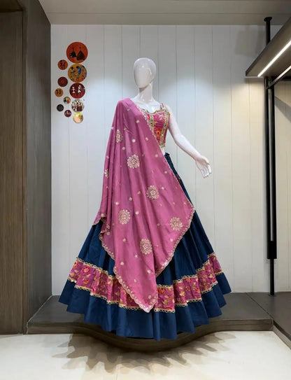 Roman Silk 8-Meter Blue Chaniya Choli with Spaghetti Blouse – Navratri Garba Lehenga | Toronto, Calgary & Canada