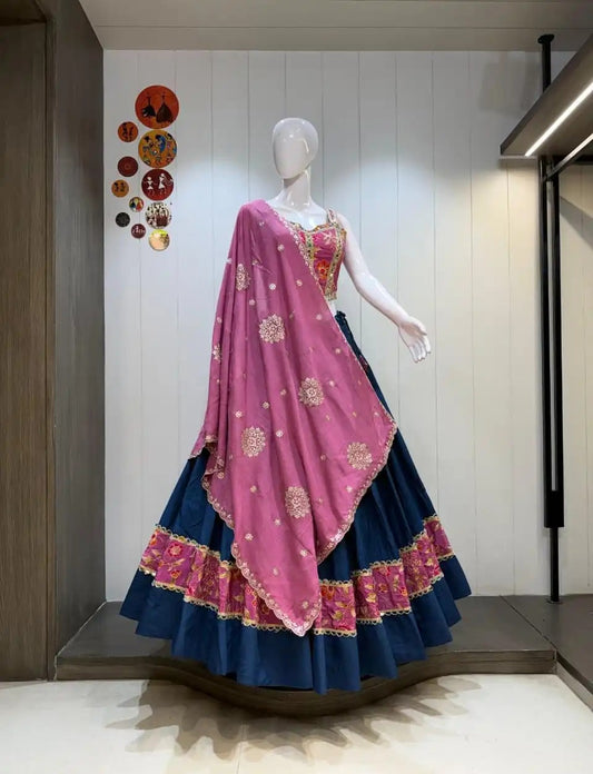 Roman Silk 8-Meter Blue Chaniya Choli with Spaghetti Blouse – Navratri Garba Lehenga | Toronto, Calgary & Canada