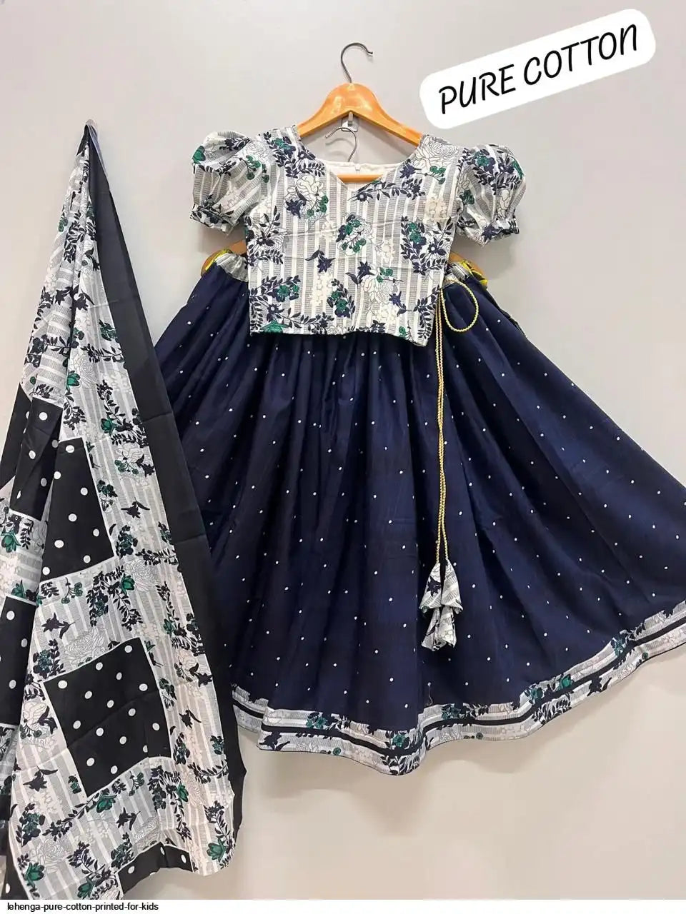 Girls Navy Blue & White Pure Cotton Printed Lehenga Choli Set with Dupatta