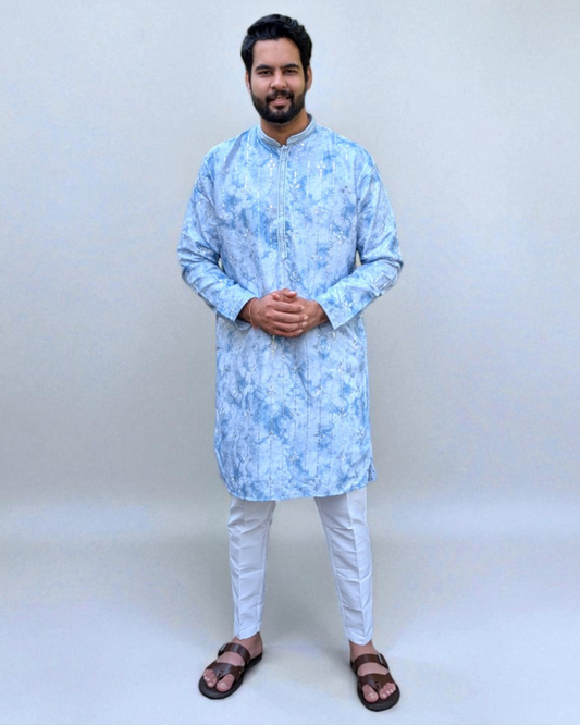 Sky Blue Printed Embroidery Work Kurta Pyjama Set | Diwali, Navratri Garba, Onam or Indian Wedding outfit | Pashchim London, Windsor, Vancouver, Surrey