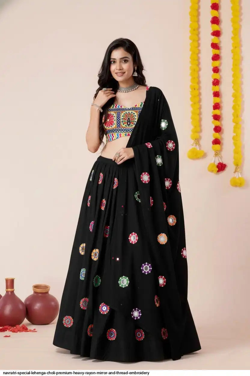 Black Navratri Gamthi Work Embroidered Lehenga Choli Set with Mirror Accents I Pashchim Canada