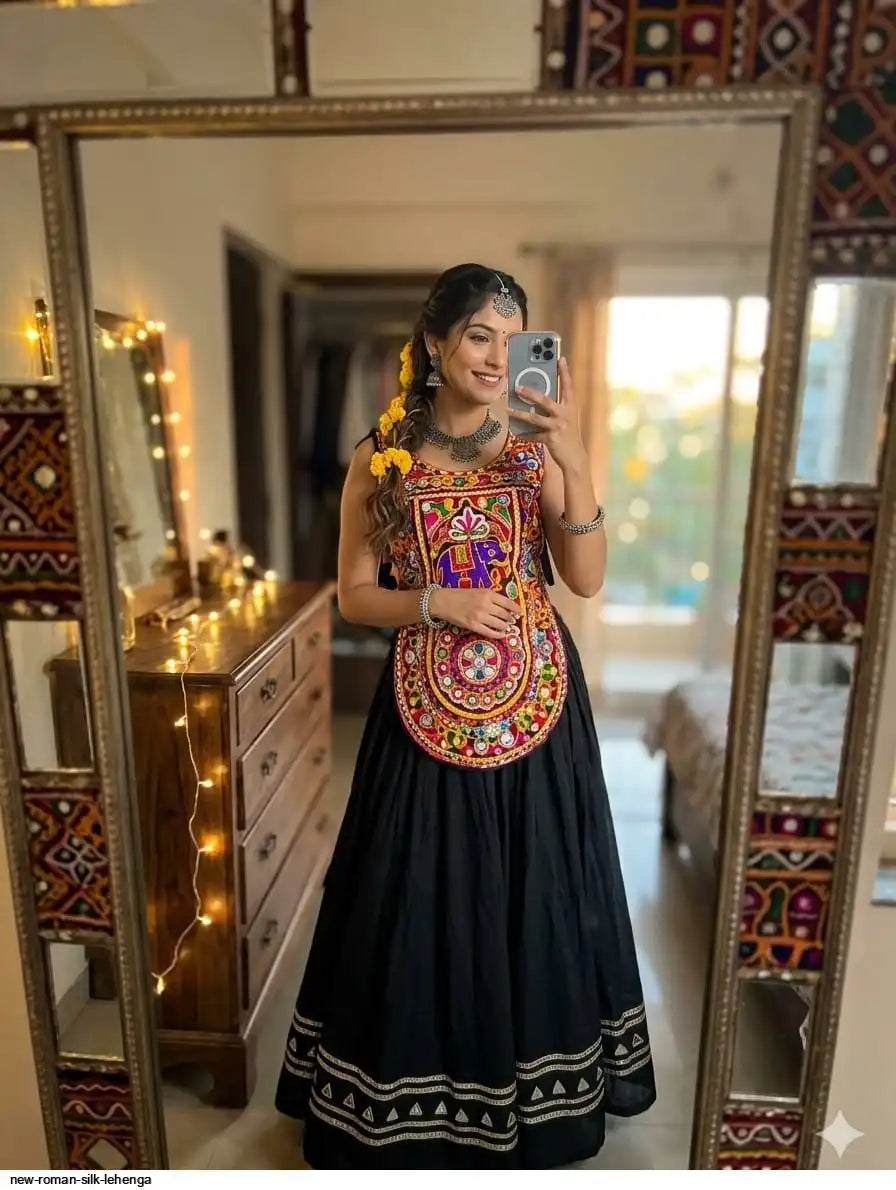 Roman Silk Chaniya Choli with Real Mirror Work – 6–7 Meter Navratri Garba Lehenga | Calgary, Halifax & Canada
