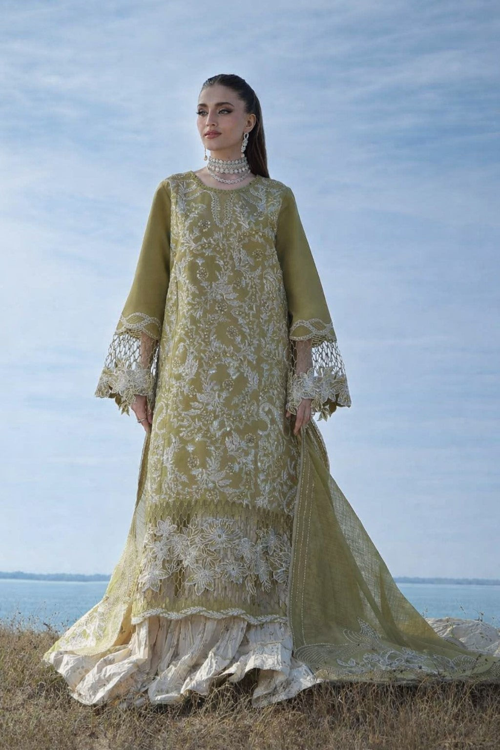 Premium Olive Green Embroidered Lawn Pakistani Suit with Organza Dupatta – Pre-Order Collection