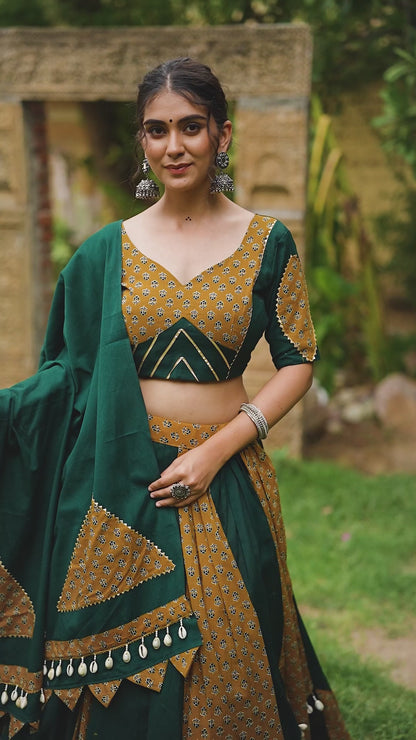 Earthy Cowrie Work Chaniya Choli for Navratri | Pure Cotton Garba Dress in Canada