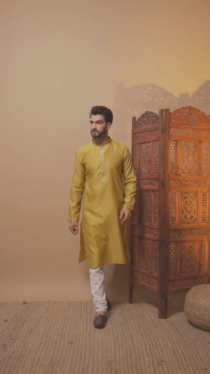 Luxury Men Kurta Pyjama Set in Silk Jacquard Yellow