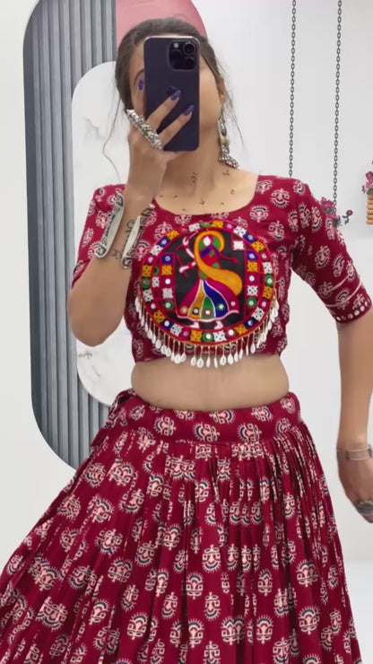 Maroon Authentic Gamathi Work Chaniya Choli for Navratri | Pure Cotton Garba Dress in Canada