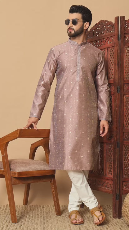 Premium Men Kurta Set in Silk Jacquard Pink