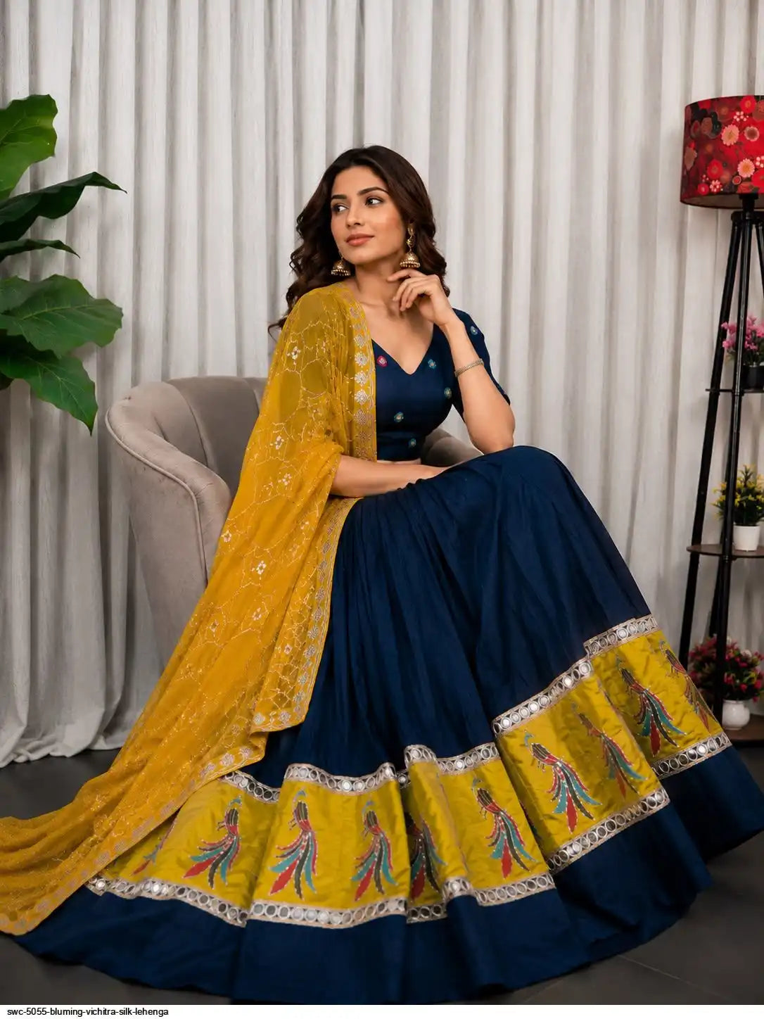 Midnight Navy Vichitra Silk Chaniya Choli with Foil Mirror Work – 4.5-Meter Navratri Garba Lehenga | Pashchim Canada