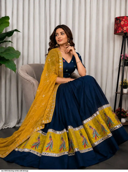 Midnight Navy Vichitra Silk Chaniya Choli with Foil Mirror Work – 4.5-Meter Navratri Garba Lehenga | Pashchim Canada