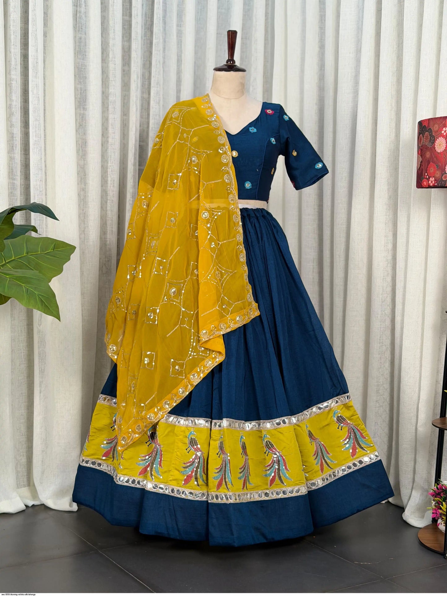 Midnight Navy Vichitra Silk Chaniya Choli with Foil Mirror Work – 4.5-Meter Navratri Garba Lehenga | Pashchim Canada