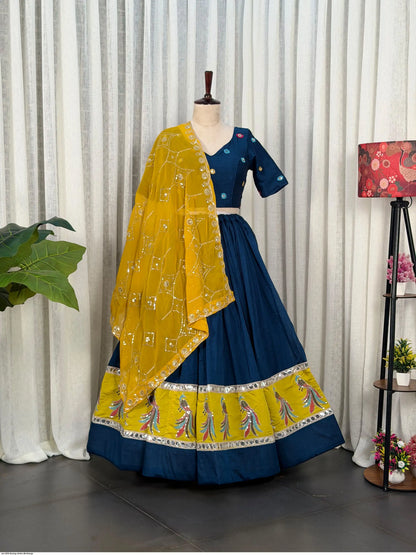 Midnight Navy Vichitra Silk Chaniya Choli with Foil Mirror Work – 4.5-Meter Navratri Garba Lehenga | Pashchim Canada